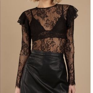 NICKIE BLACK DOUBLE RUFFLE LONG SLEEVE LACE TOP